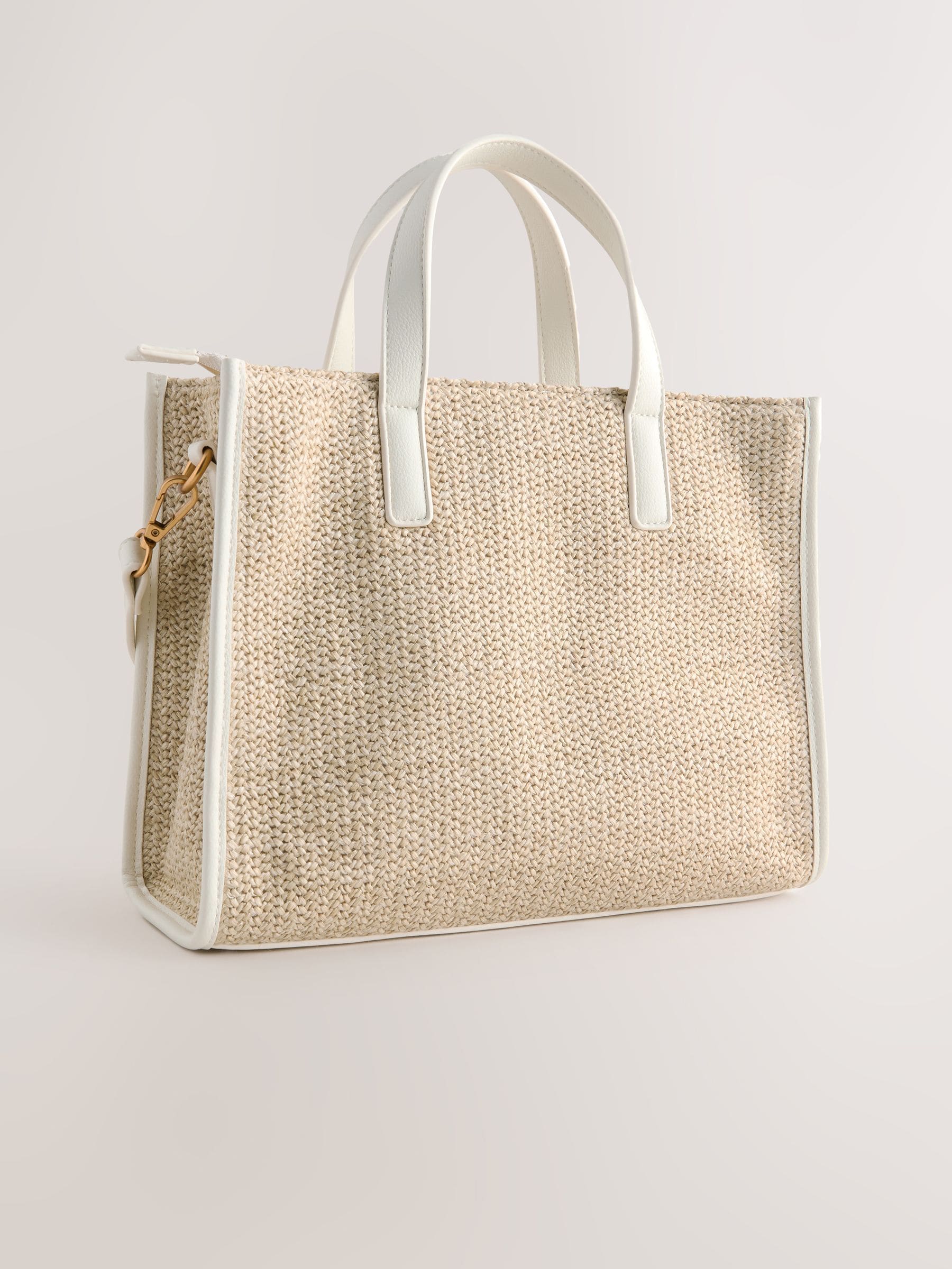 Raffia effect shoulder bag with recycled polyester lining (British brand)