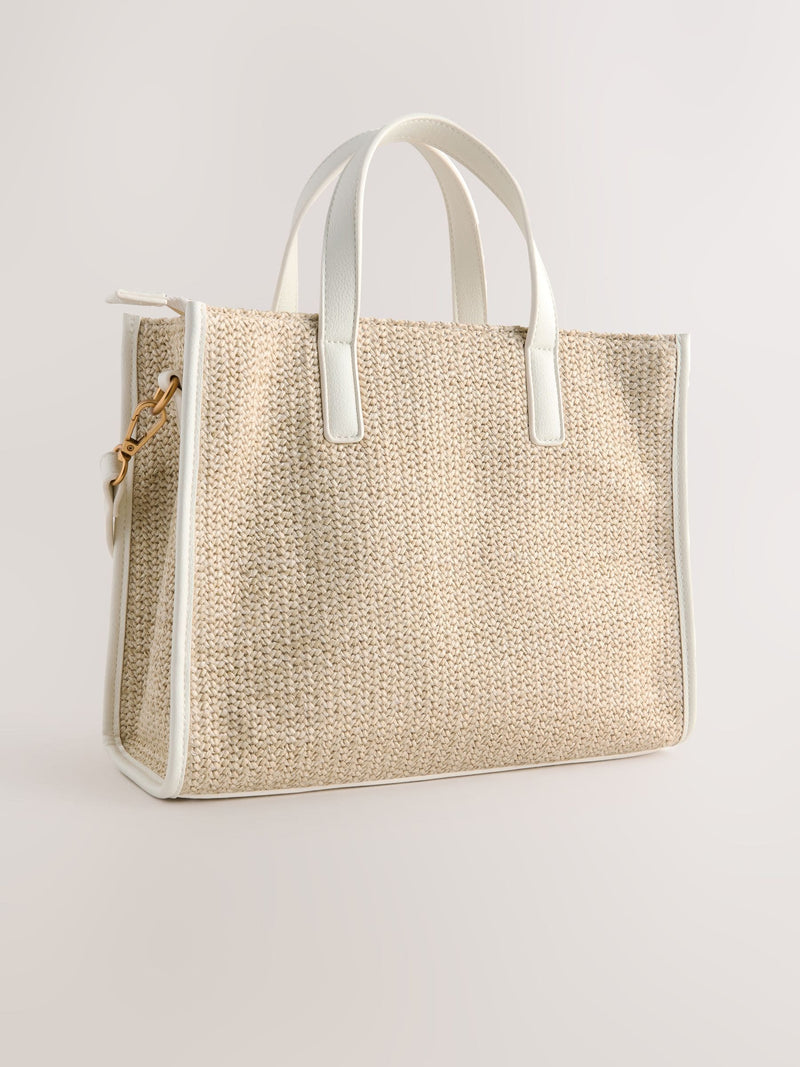 Raffia effect shoulder bag with recycled polyester lining (British brand)