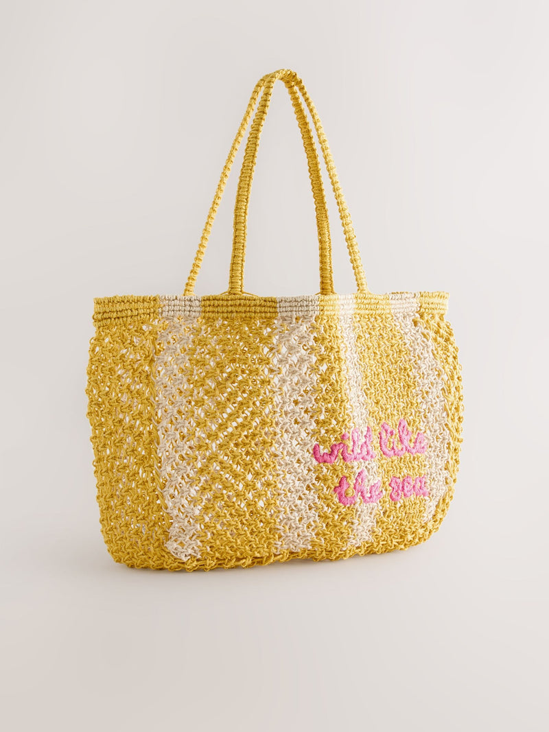 Yellow crochet stripe shoulder bag 41cm (British brand)