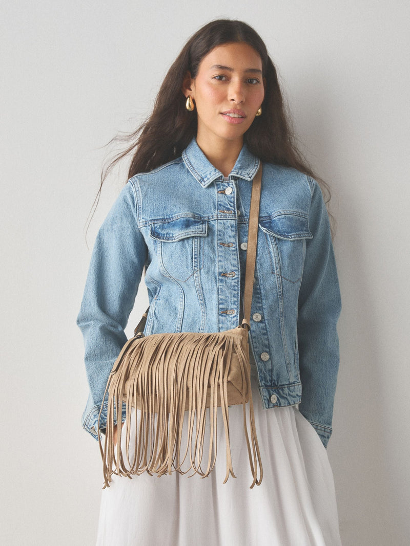 Stone suedette cross-body bag with fringe detail (British brand)