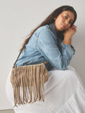 Stone suedette cross-body bag with fringe detail (British brand)