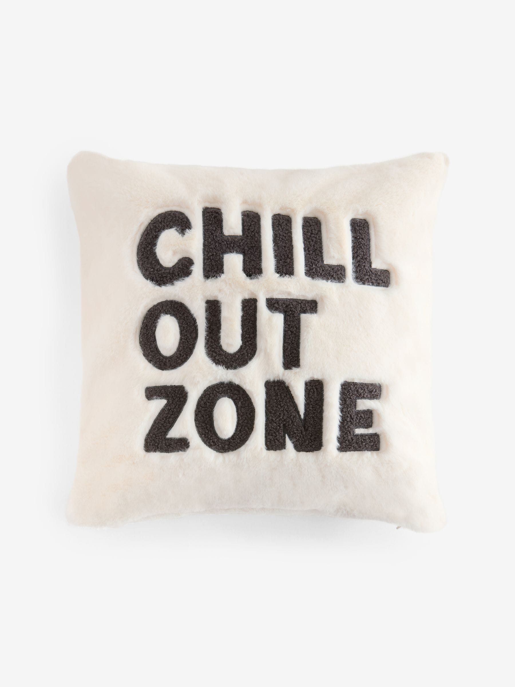 Faux fur cushion with Chill Out Zone slogan 50x50cm, imported from the UK