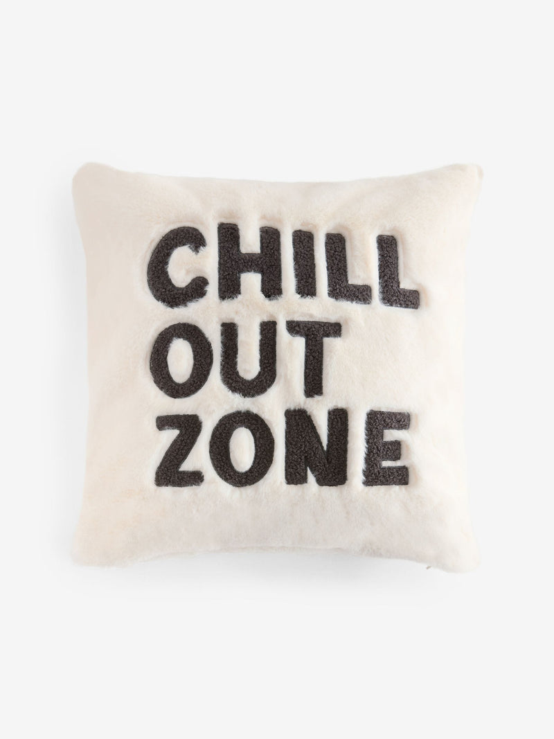 Faux fur cushion with Chill Out Zone slogan 50x50cm, imported from the UK