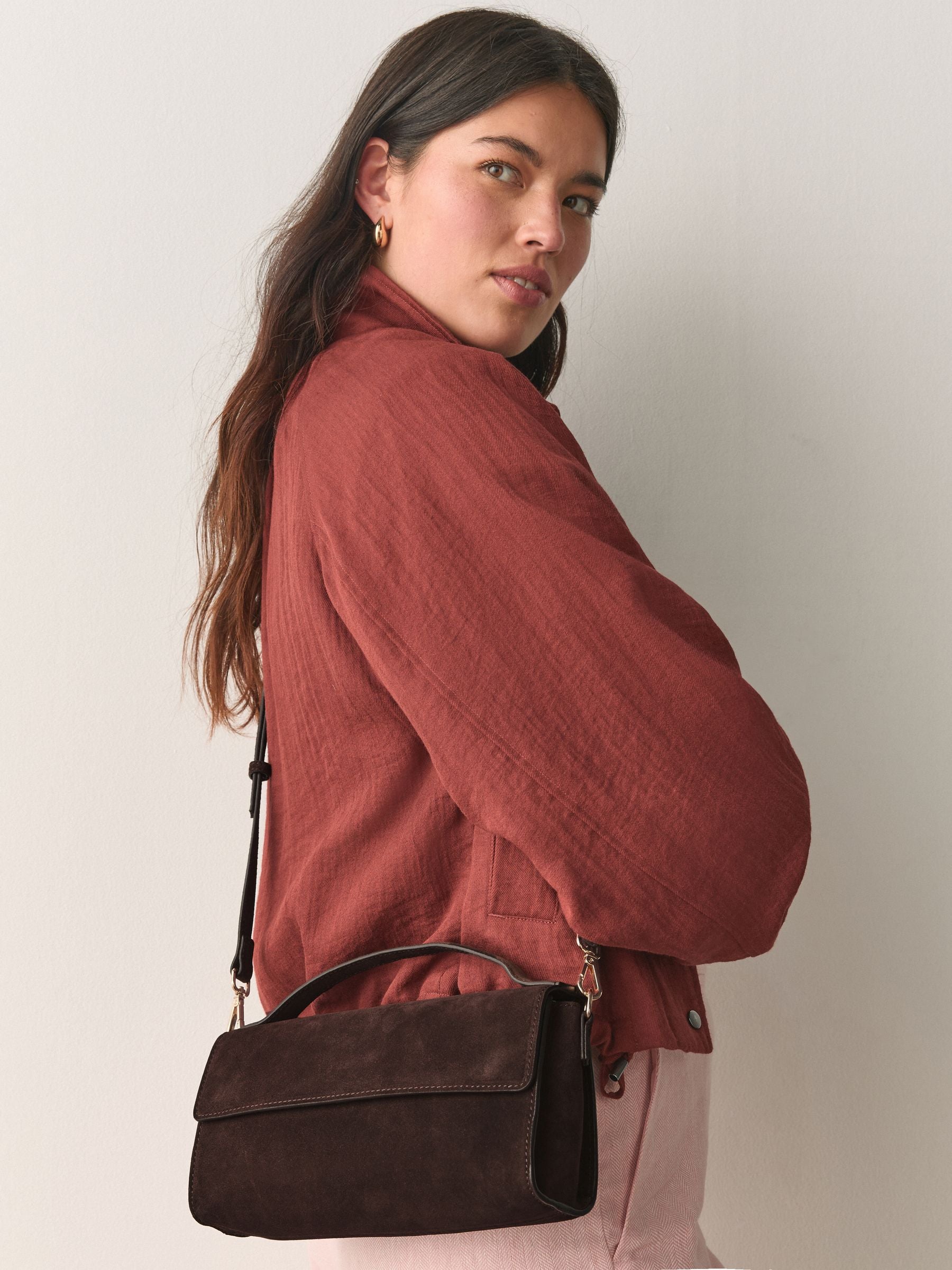 Chocolate brown leather top handle bag with suede finish - British product
