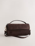 Chocolate brown leather top handle bag with suede finish - British product