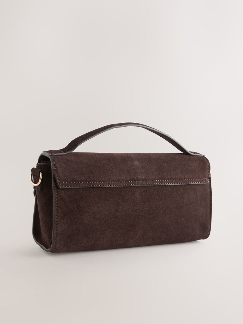 Chocolate brown leather top handle bag with suede finish - British product