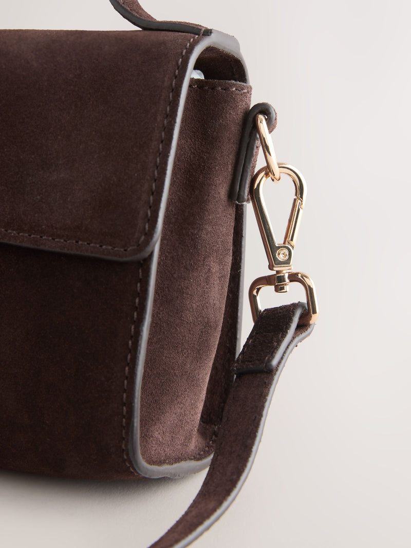 Chocolate brown leather top handle bag with suede finish - British product
