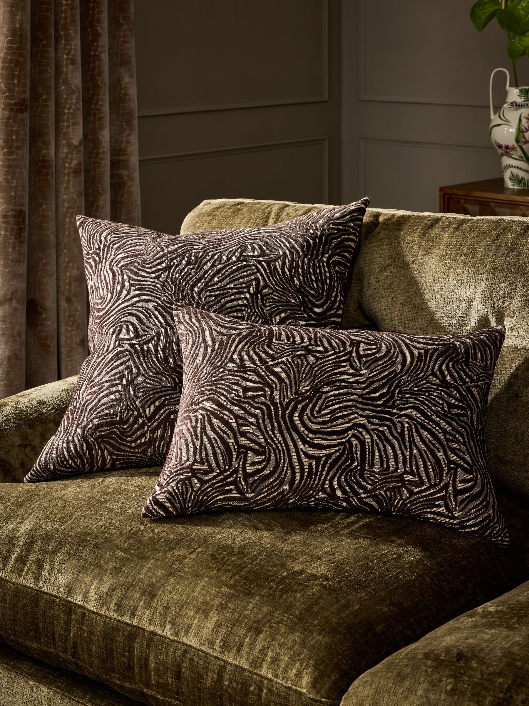 Brown cut velvet abstract zebra cushion 40x59cm, imported from the UK