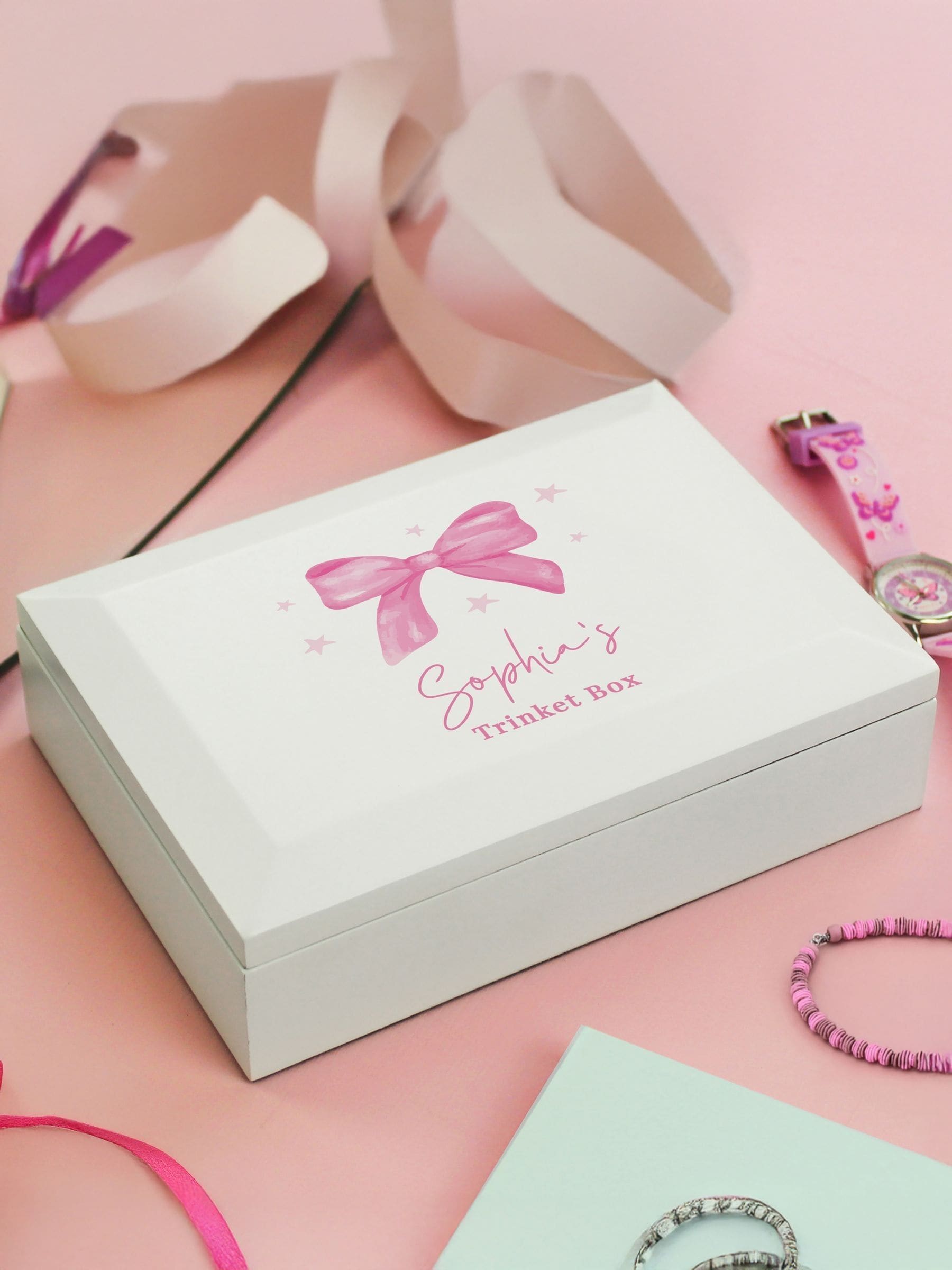 PMC personalised bow jewellery box with mirror, imported from the UK