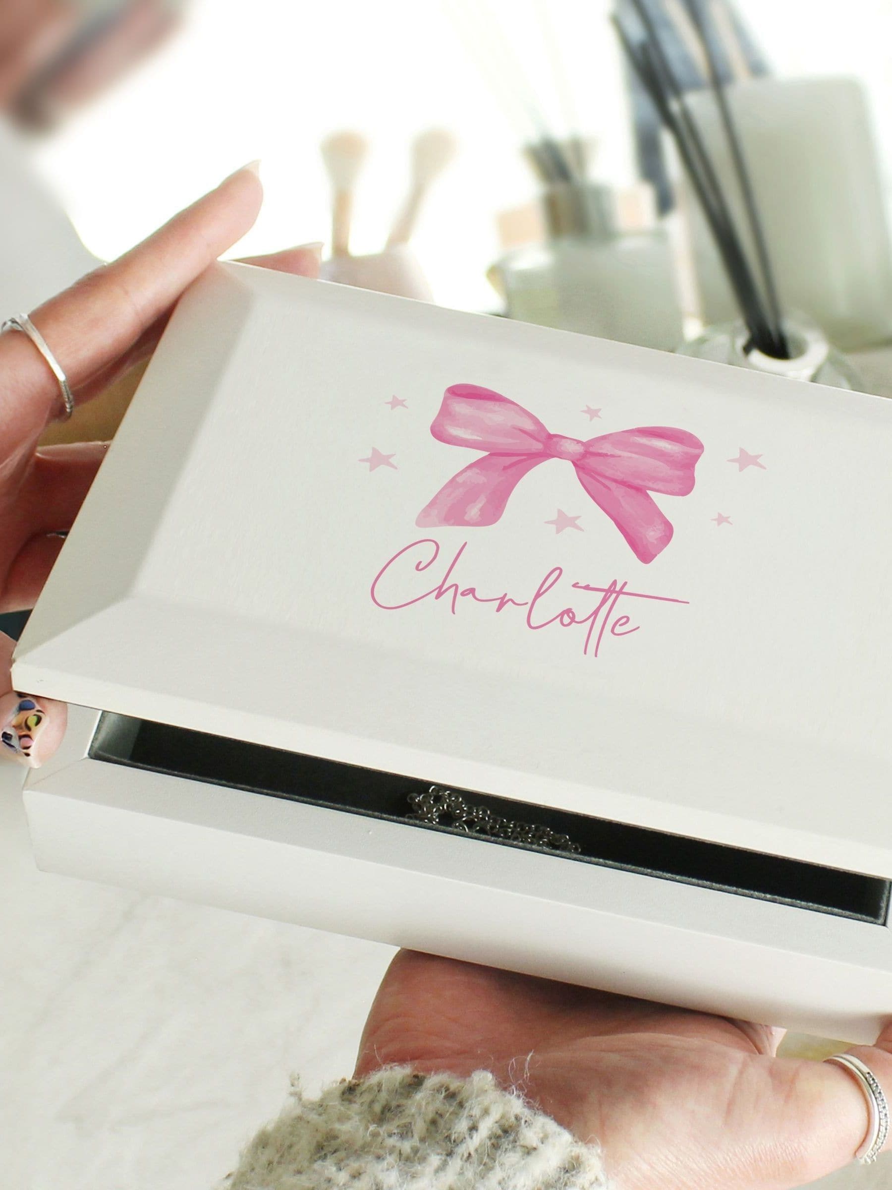 PMC personalised bow jewellery box with mirror, imported from the UK