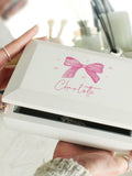 PMC personalised bow jewellery box with mirror, imported from the UK