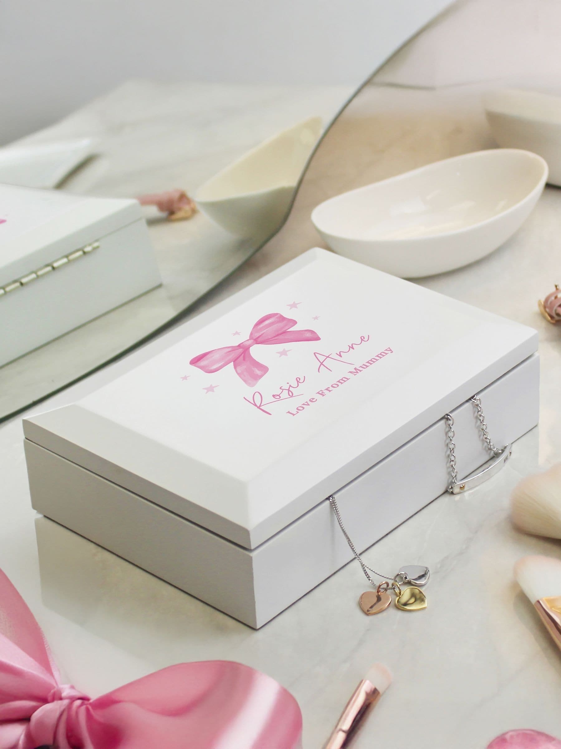 PMC personalised bow jewellery box with mirror, imported from the UK