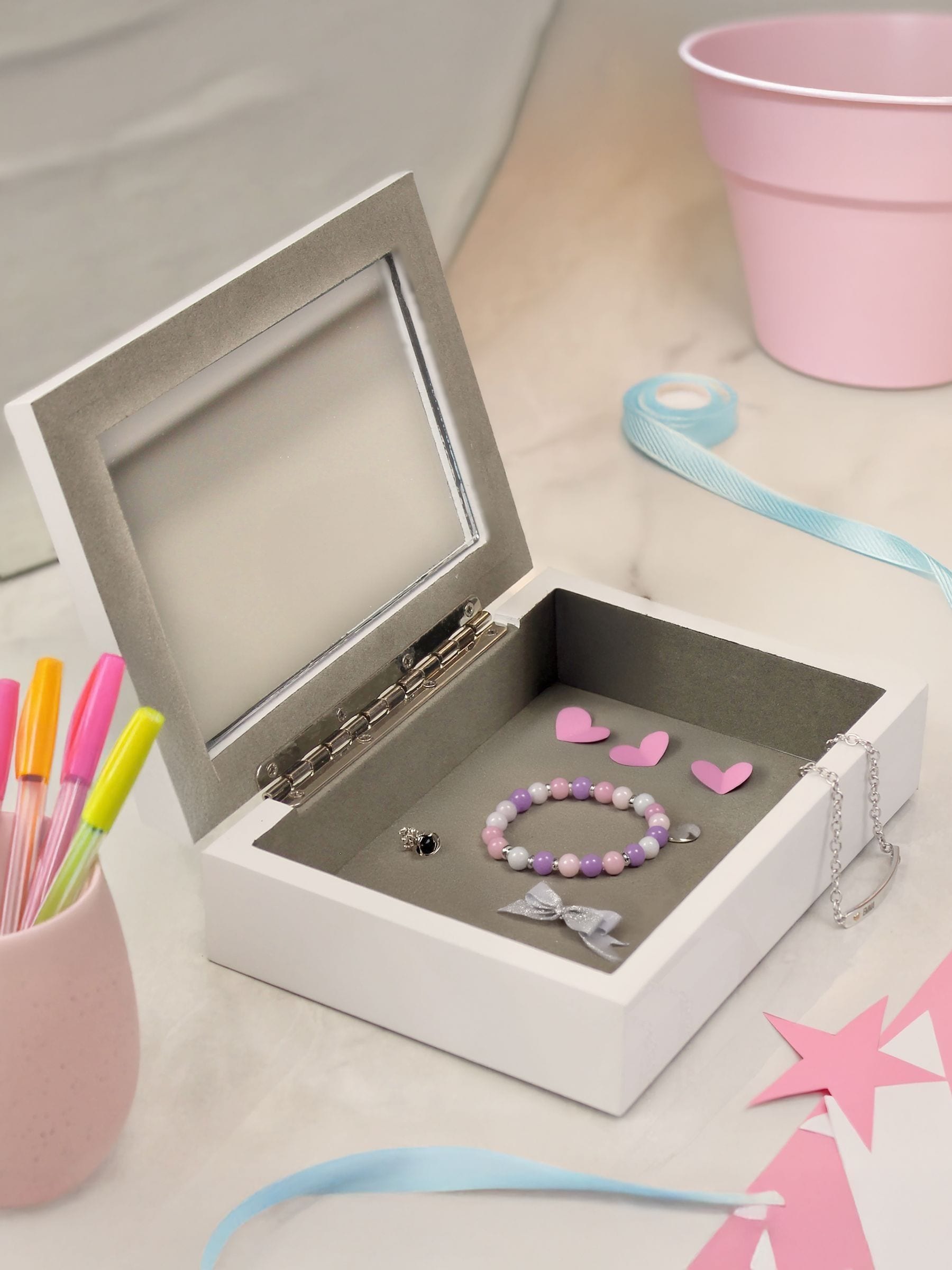 PMC personalised bow jewellery box with mirror, imported from the UK