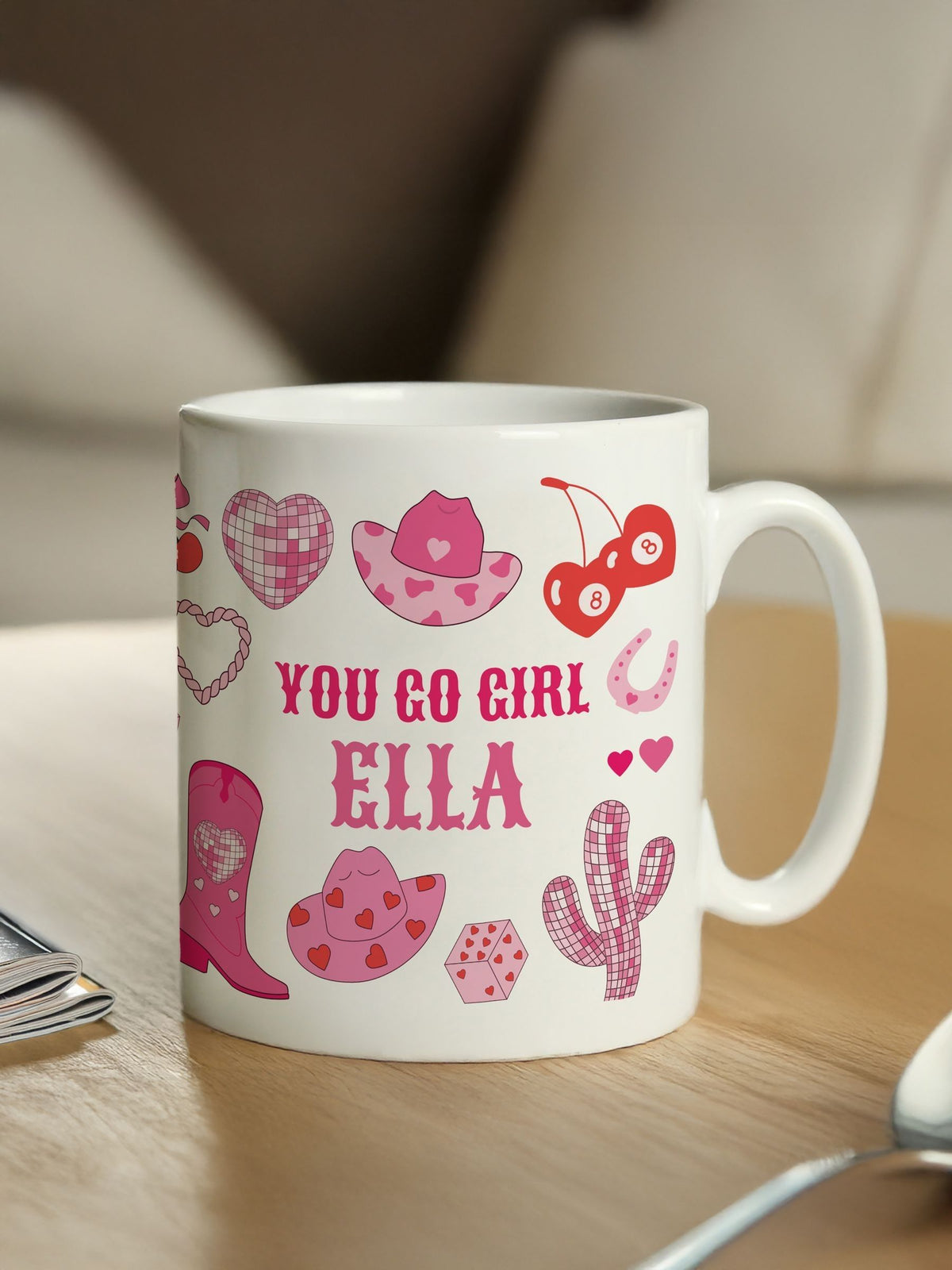 PMC personalised cowgirl ceramic pink mug (British brand)