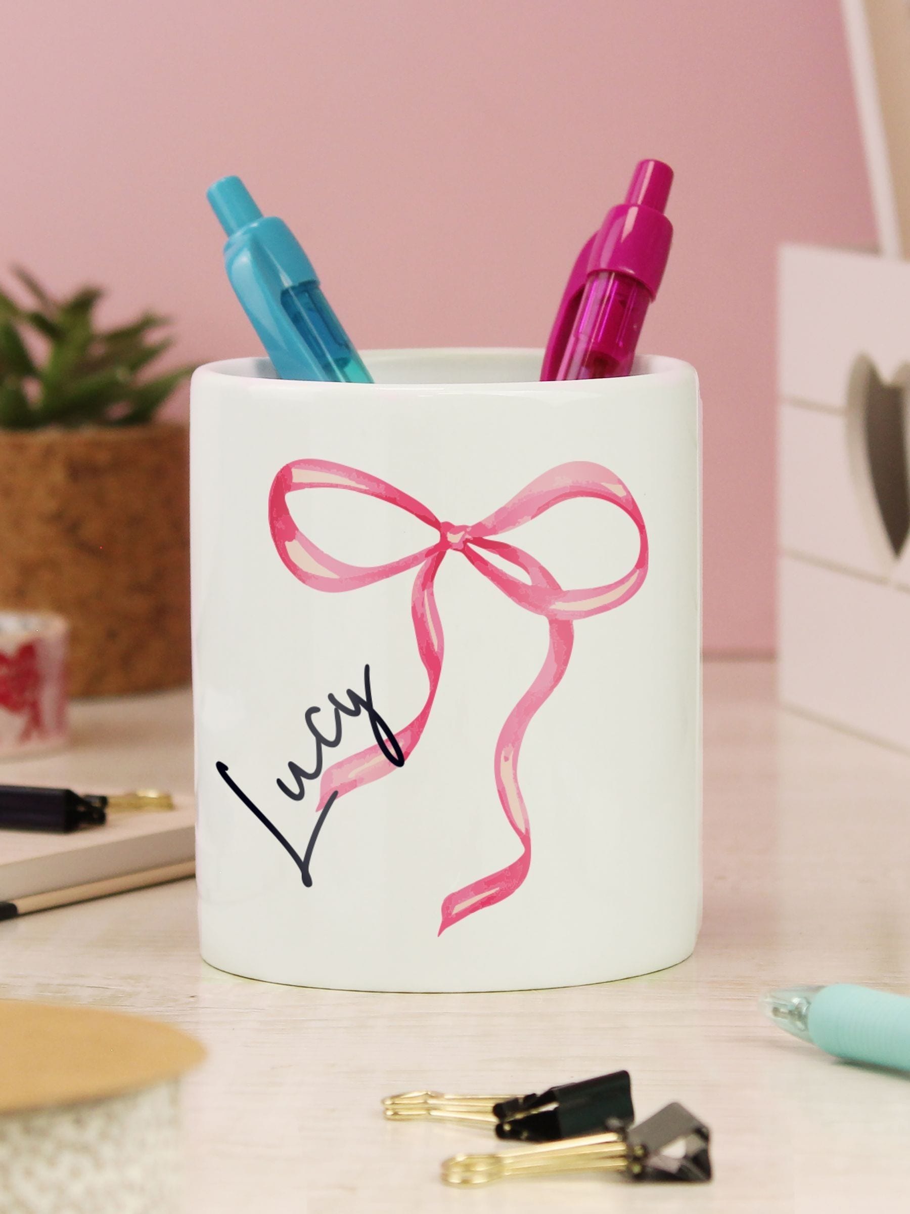 PMC personalised bow make-up brush holder 8cm - British product