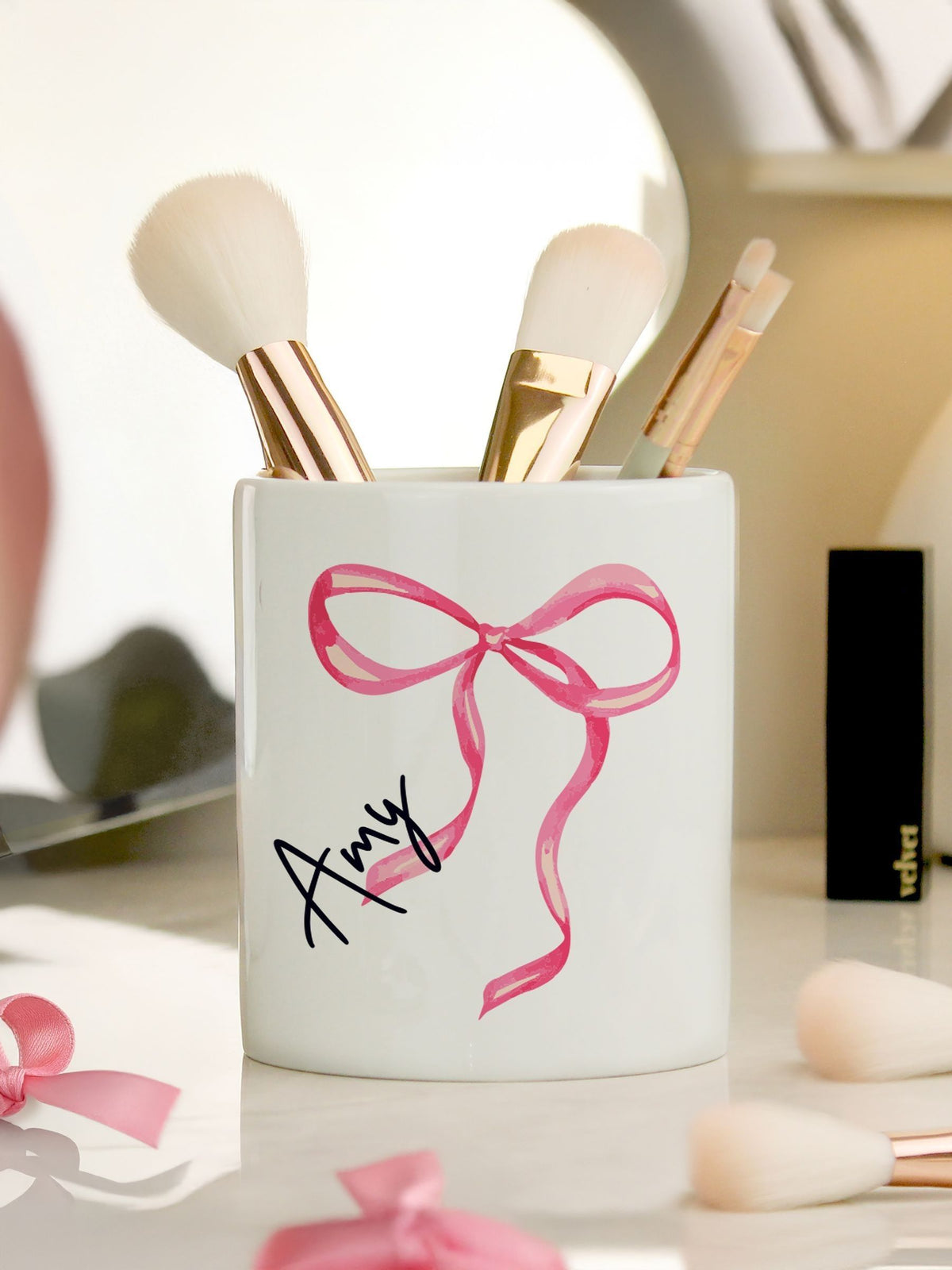PMC personalised bow make-up brush holder 8cm - British product