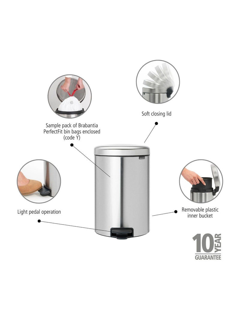 Brabantia Matt Steel Fingerprint Proof NewIcon Pedal Bin 20L - British product
