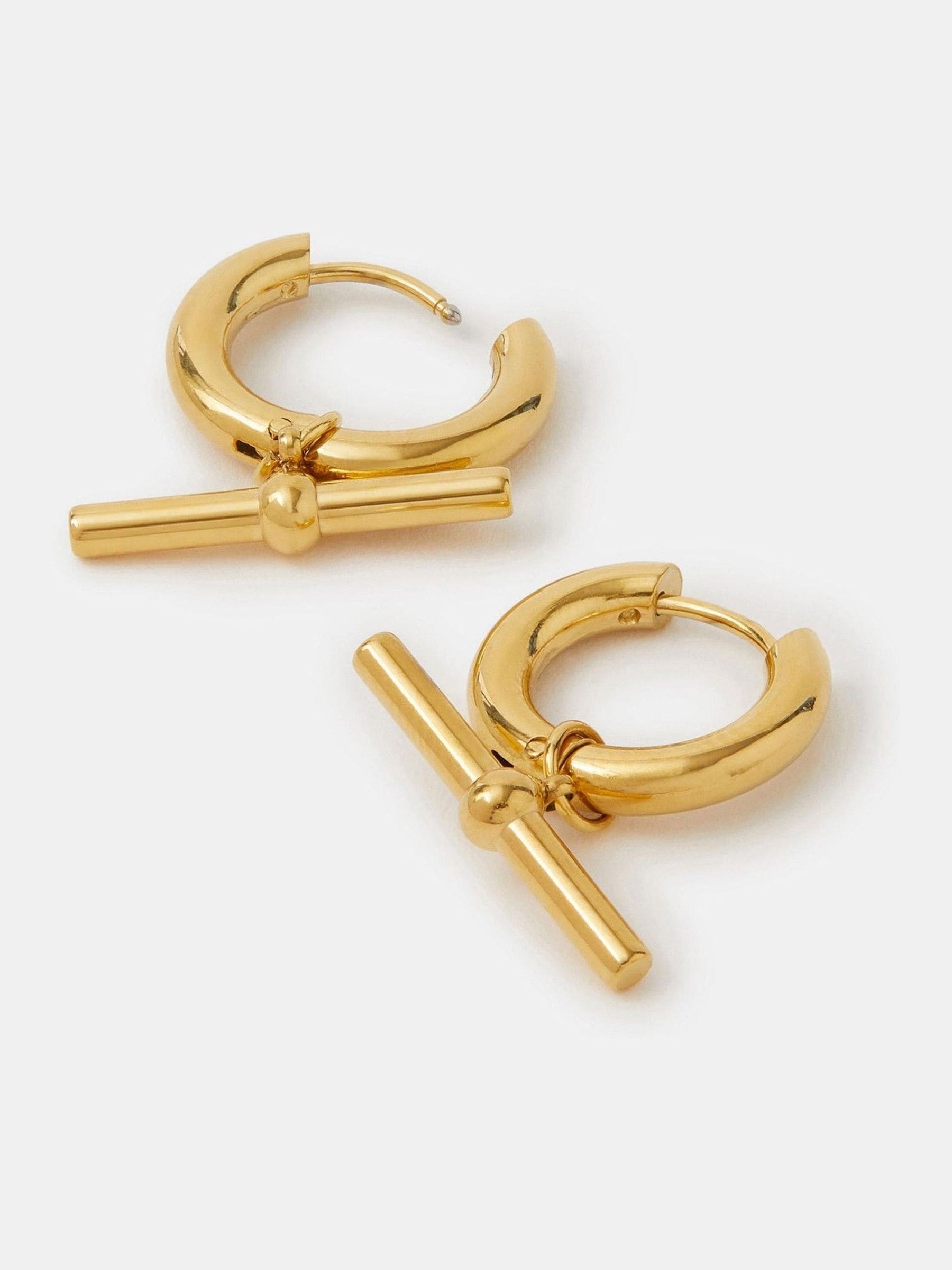 Gold Tone Stainless Steel T-Bar Hoop Earrings