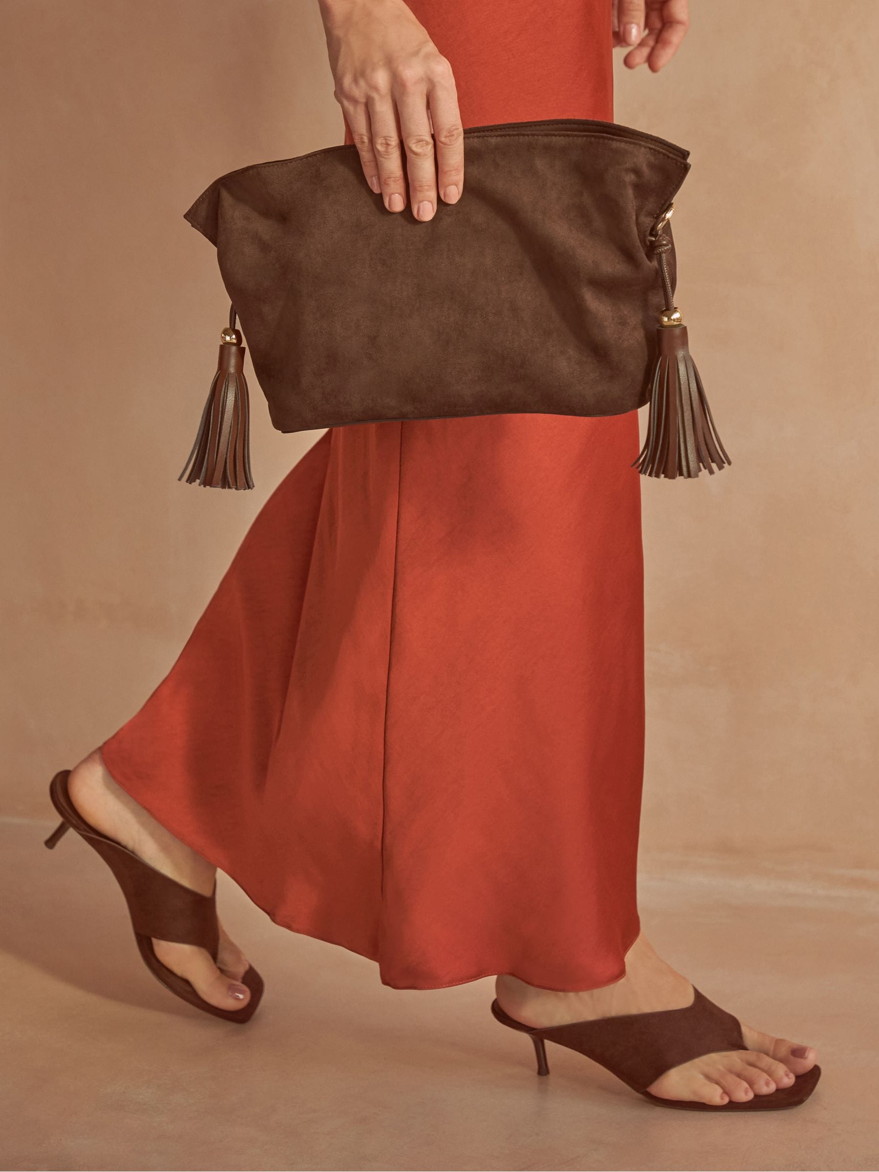 Friends Like These medium chocolate brown faux suede tassel clutch bag (British brand)