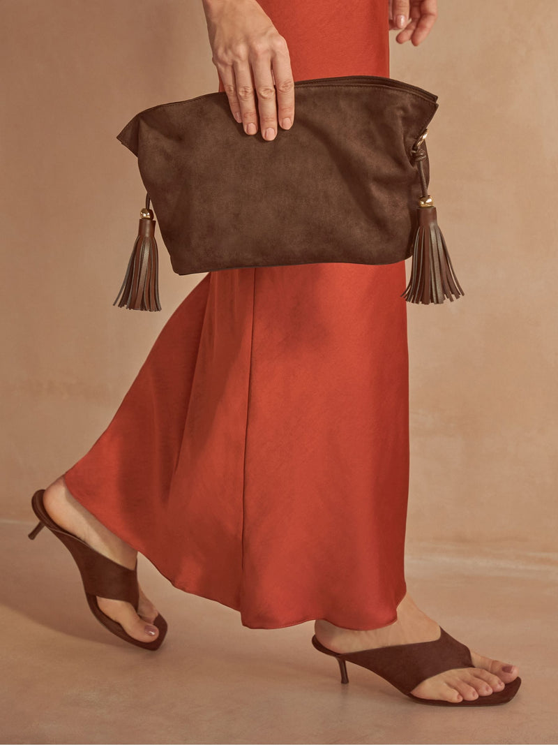 Friends Like These medium chocolate brown faux suede tassel clutch bag (British brand)