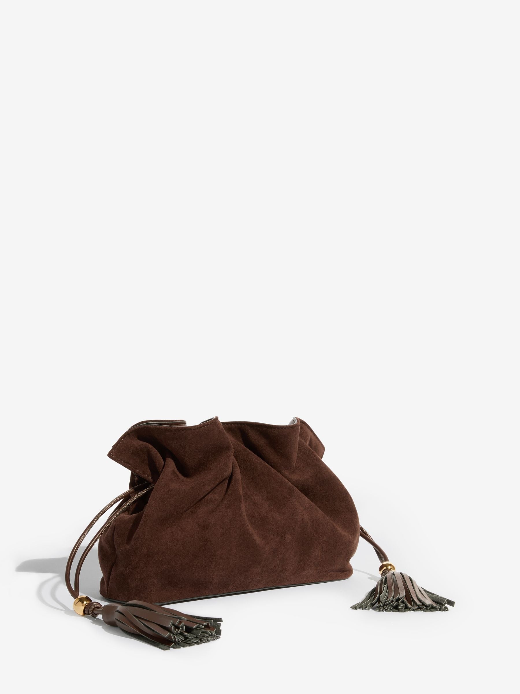 Friends Like These medium chocolate brown faux suede tassel clutch bag (British brand)
