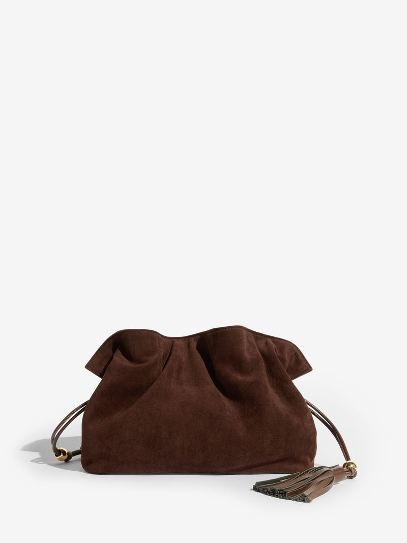 Friends Like These medium chocolate brown faux suede tassel clutch bag (British brand)