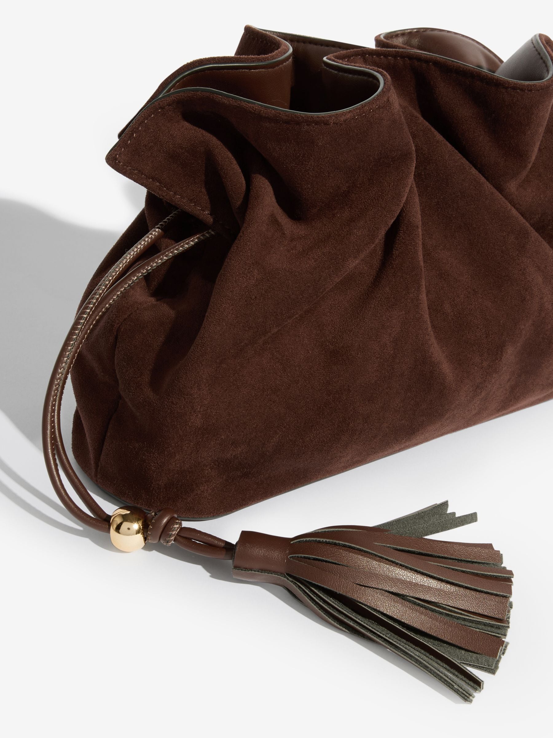 Friends Like These medium chocolate brown faux suede tassel clutch bag (British brand)