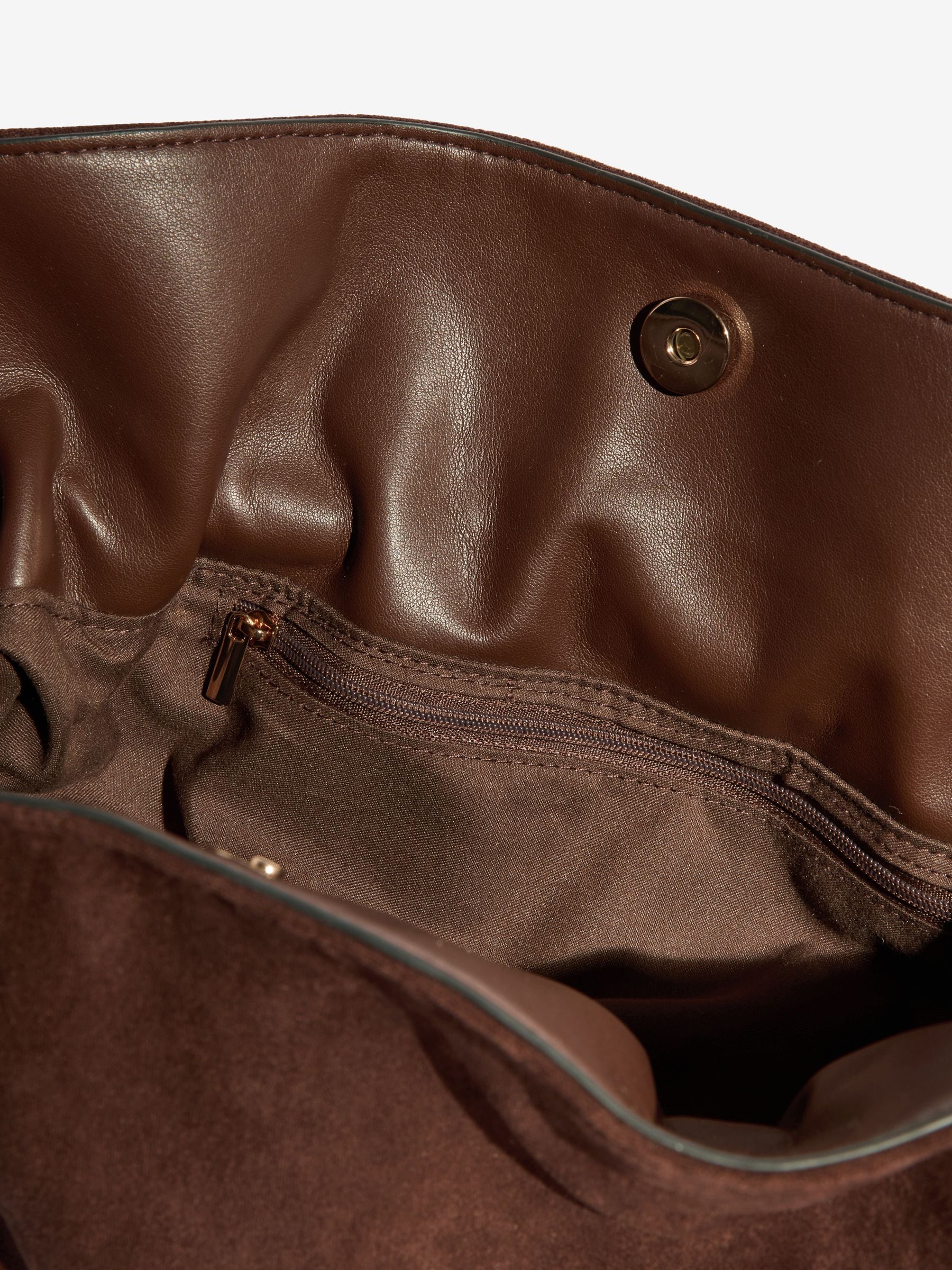 Friends Like These medium chocolate brown faux suede tassel clutch bag (British brand)