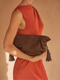 Friends Like These medium chocolate brown faux suede tassel clutch bag (British brand)