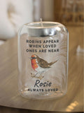 PMC Personalised Robin Memorial Glass Tealight Holder, imported from the UK