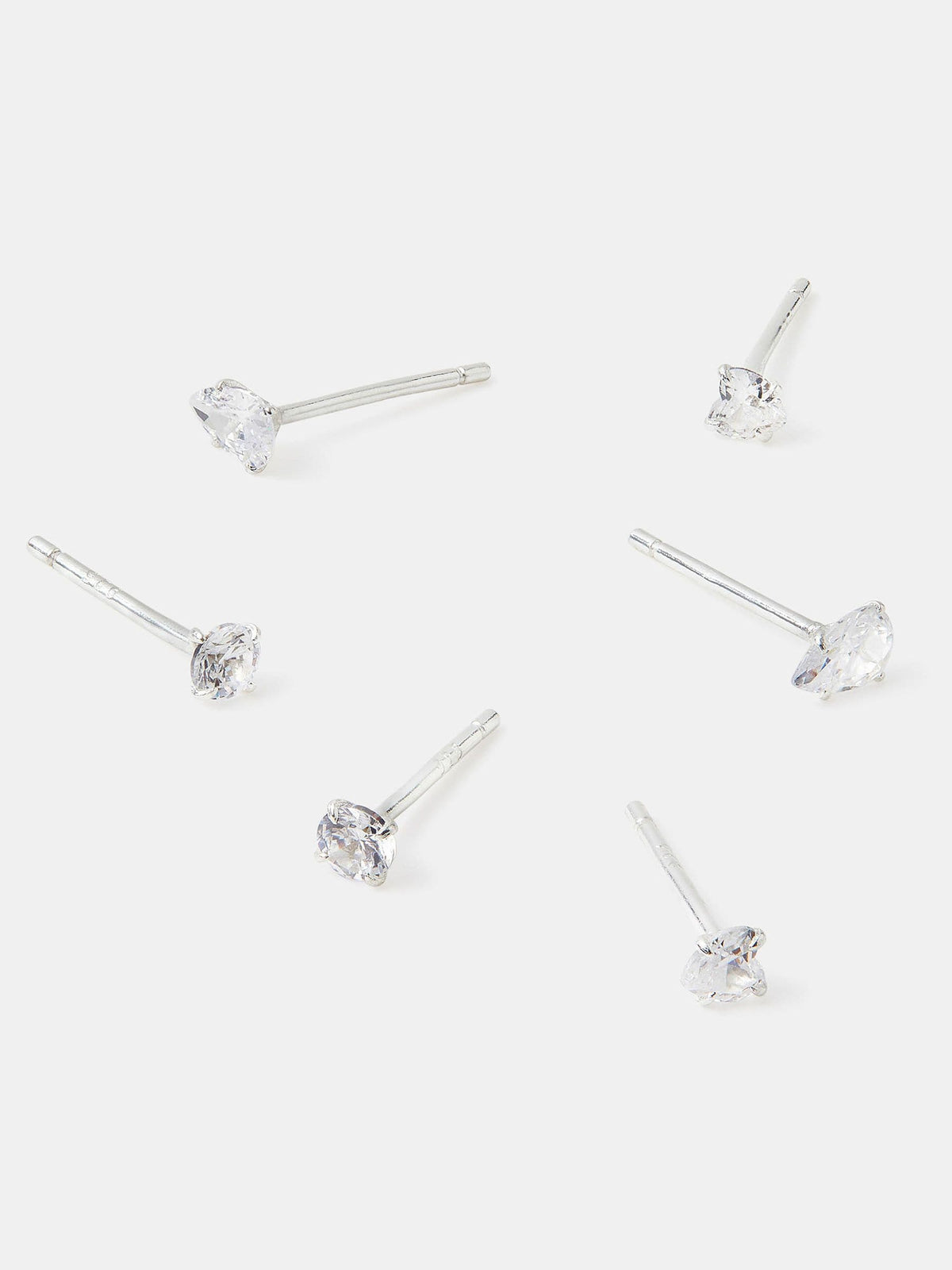 Sterling Silver 3-Pack Diamanté Stud Earrings with Round, Heart, and Pear Finishes