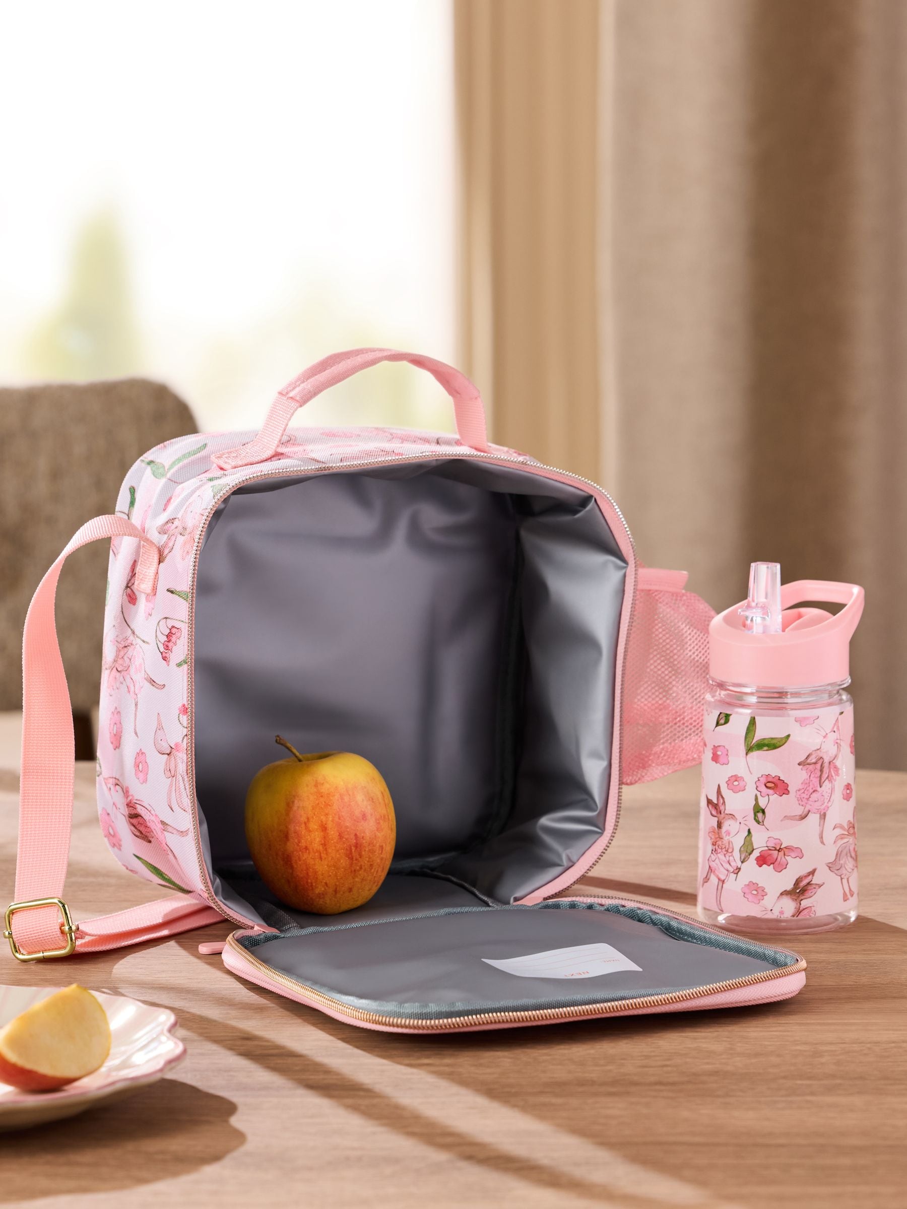 Pink Fairy Garden floral lunch box with water bottle, UK version