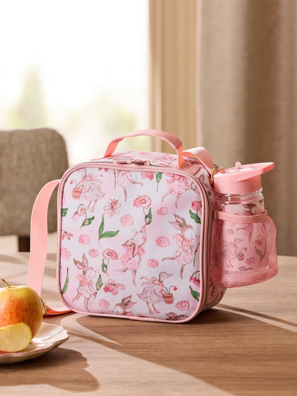 Pink Fairy Garden floral lunch box with water bottle, UK version