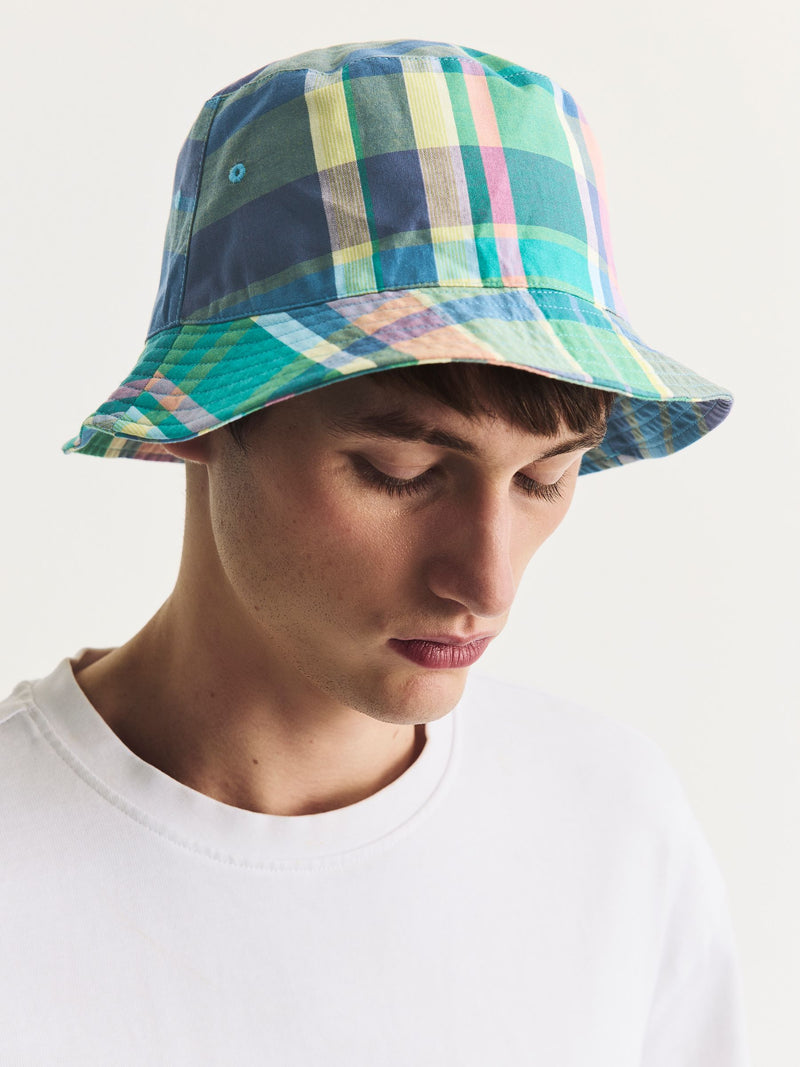 Blue madras check reversible bucket hat (British brand)