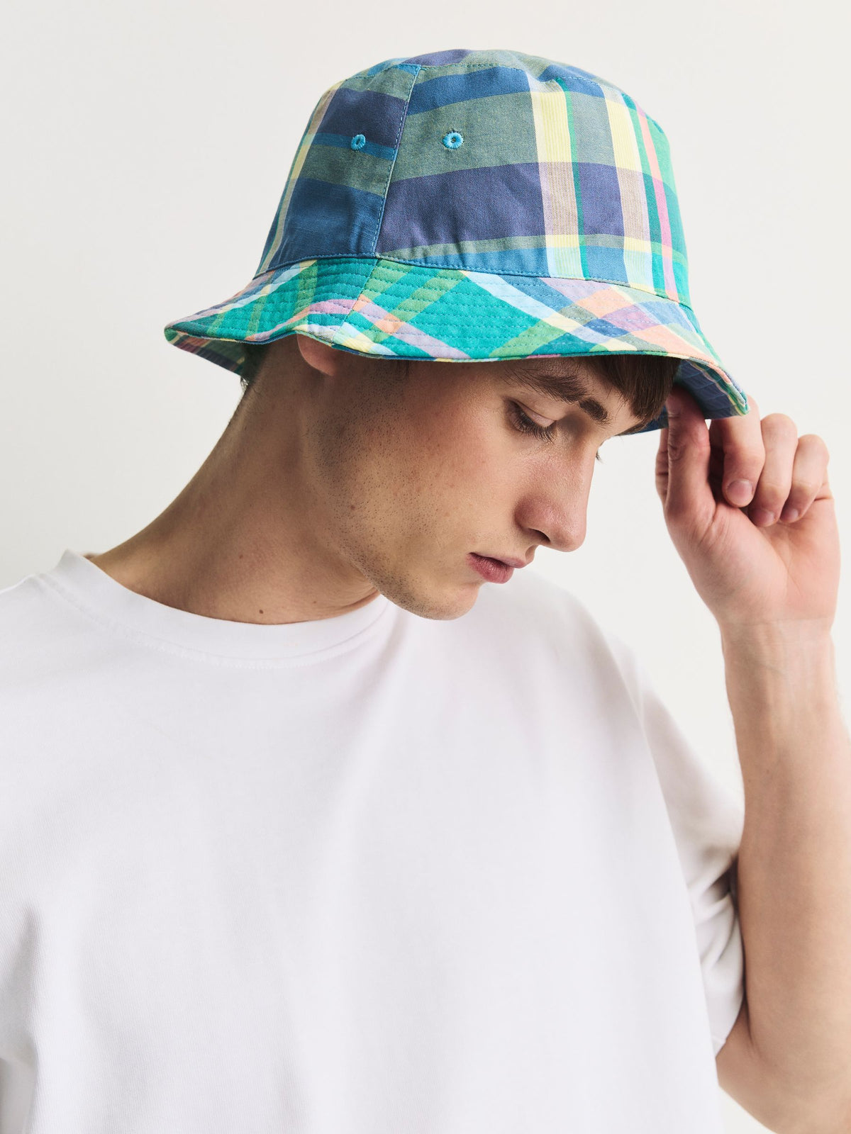 Blue madras check reversible bucket hat (British brand)