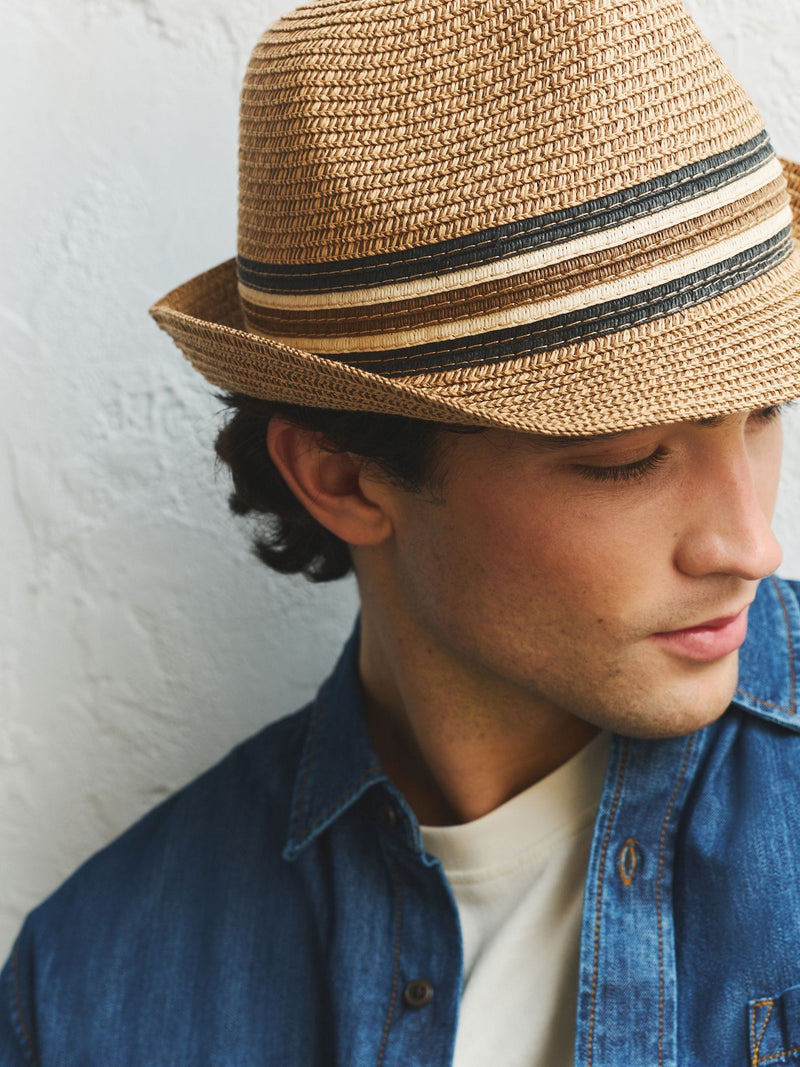 Light brown trilby hat, paper polyester blend, UK brand