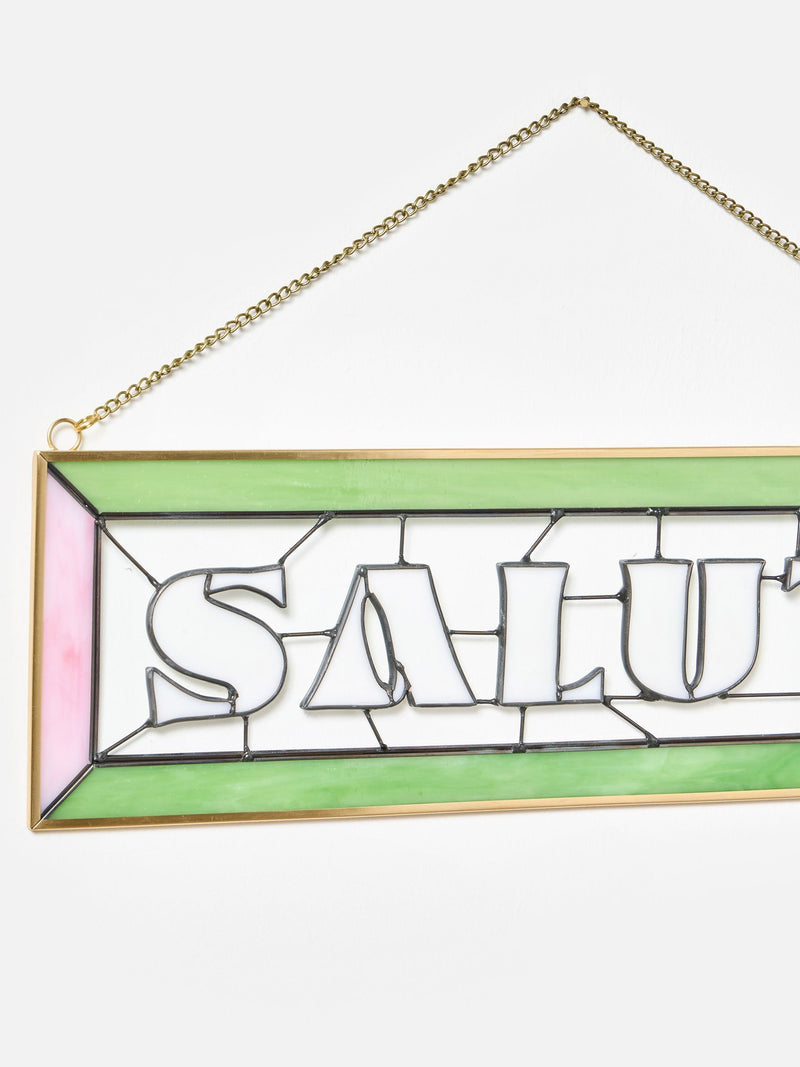 Oliver Bonas Pink Salut glass wall art, imported from the UK