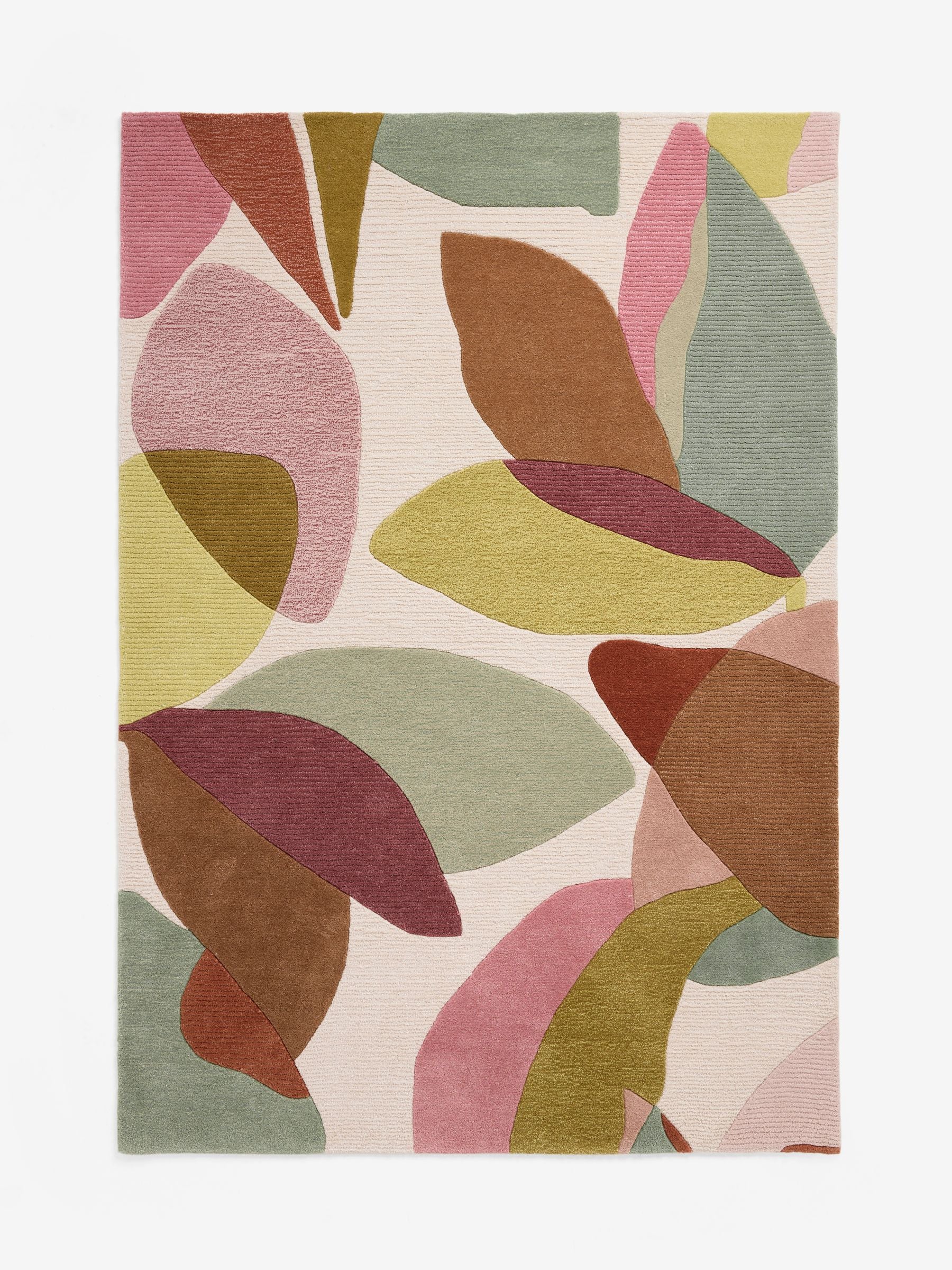 Multi abstract leaf wool rug with tufted textured finish (British brand)