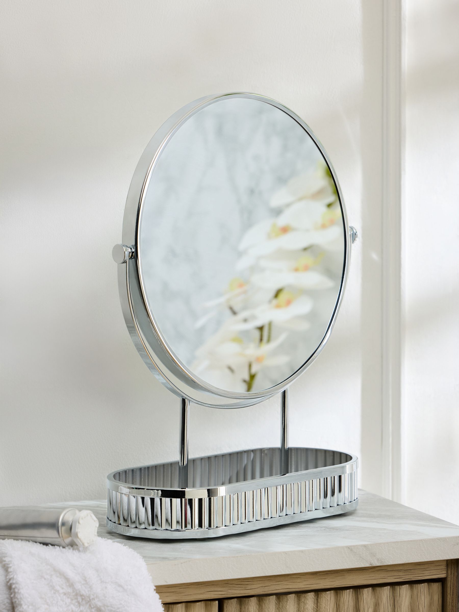 Gold Rib 5x Magnification Round Dressing Table Mirror 34cm