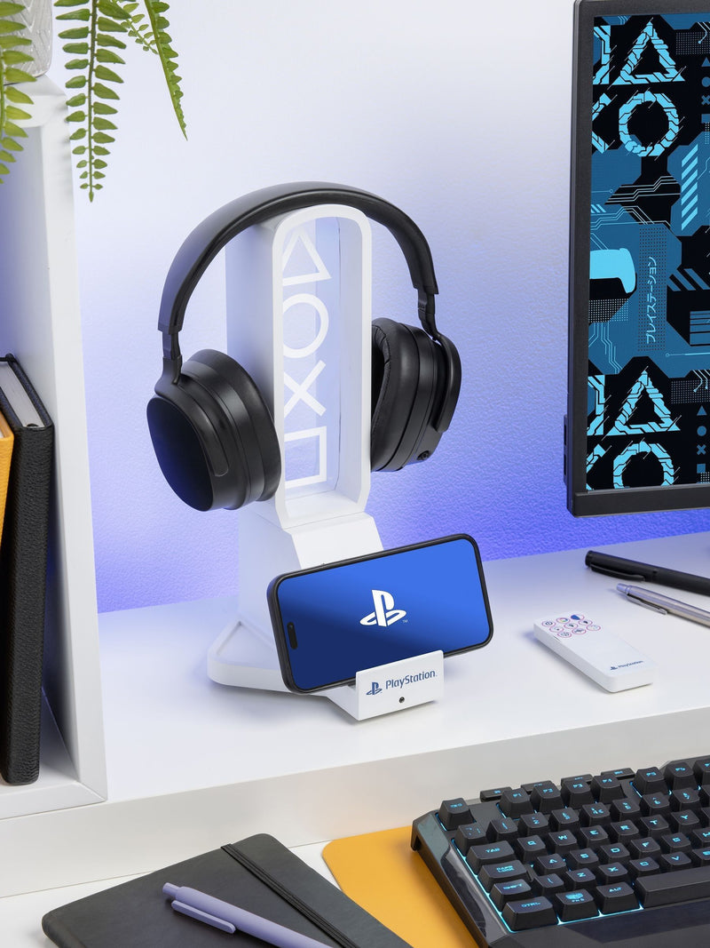 PlayStation white headphone stand with RGB lights, UK version