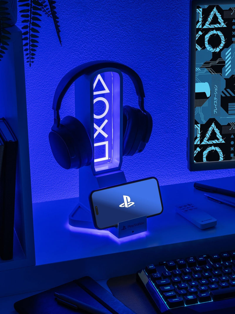 PlayStation white headphone stand with RGB lights, UK version