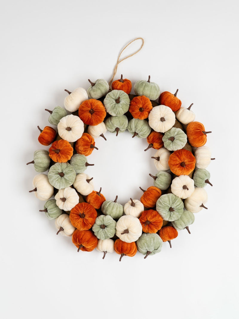 Scottish Everlastings orange velvet pumpkin wreath 43cm, imported from the UK