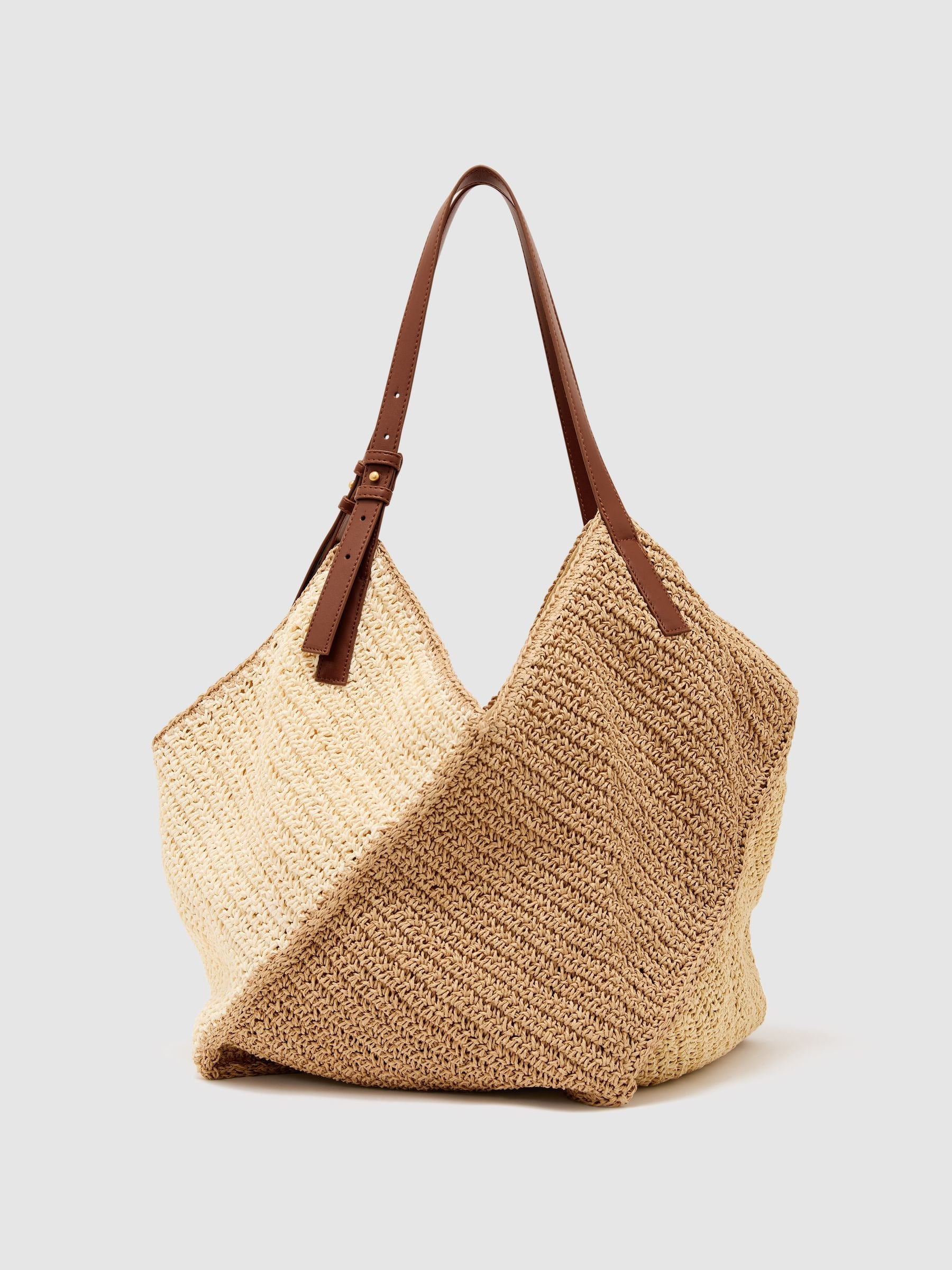 Reiss Navy Farrah raffia-effect colour-block tote bag, imported from the UK