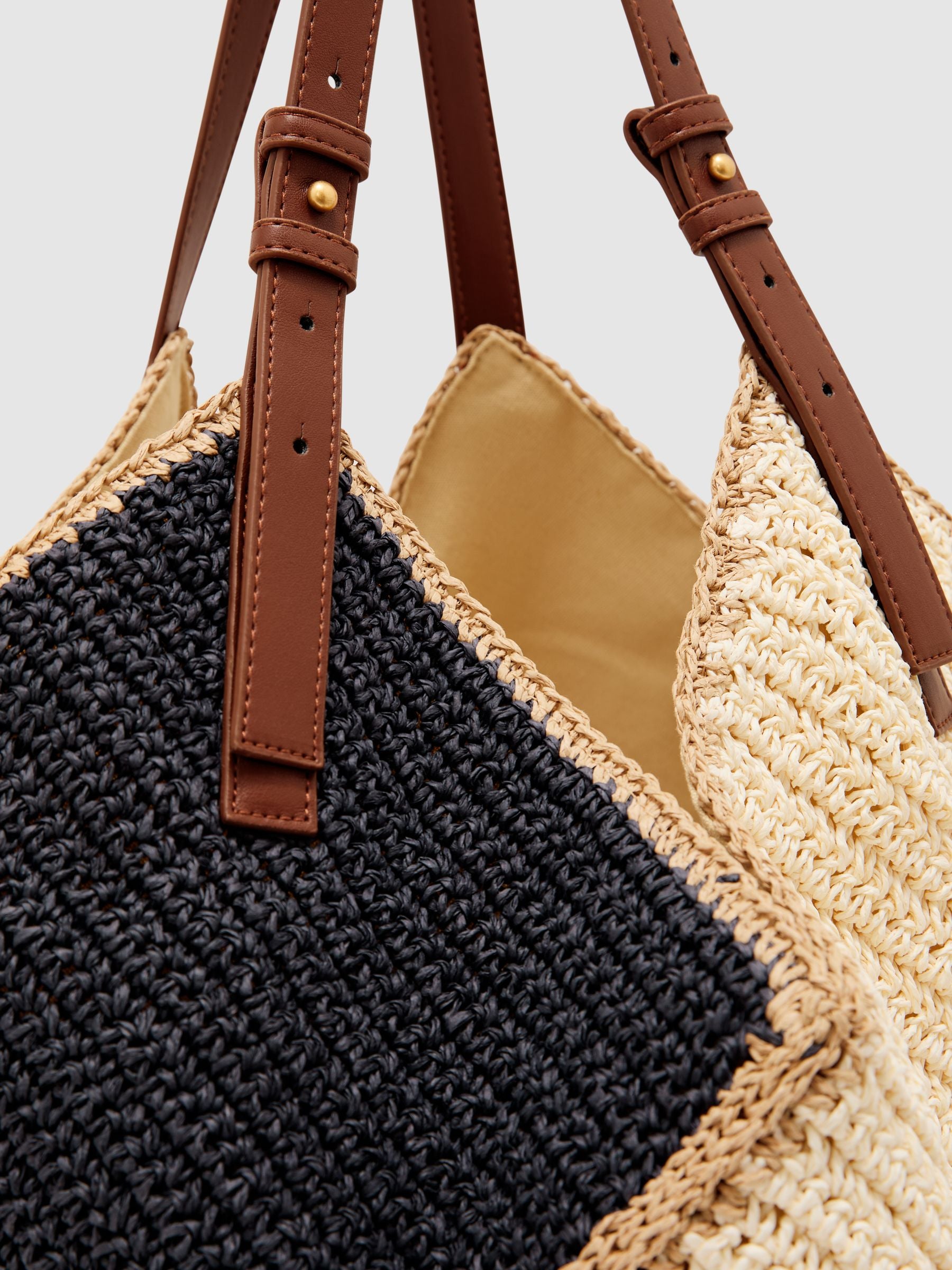 Reiss Navy Farrah raffia-effect colour-block tote bag, imported from the UK