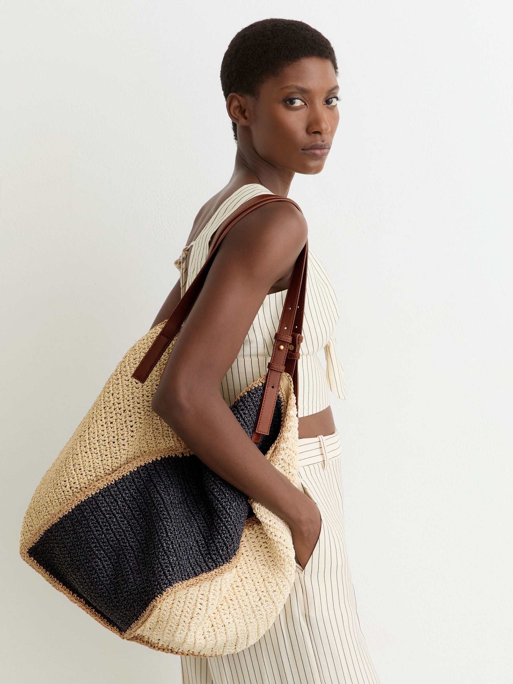 Reiss Navy Farrah Raffia-Effect Colour-Block Tote Bag