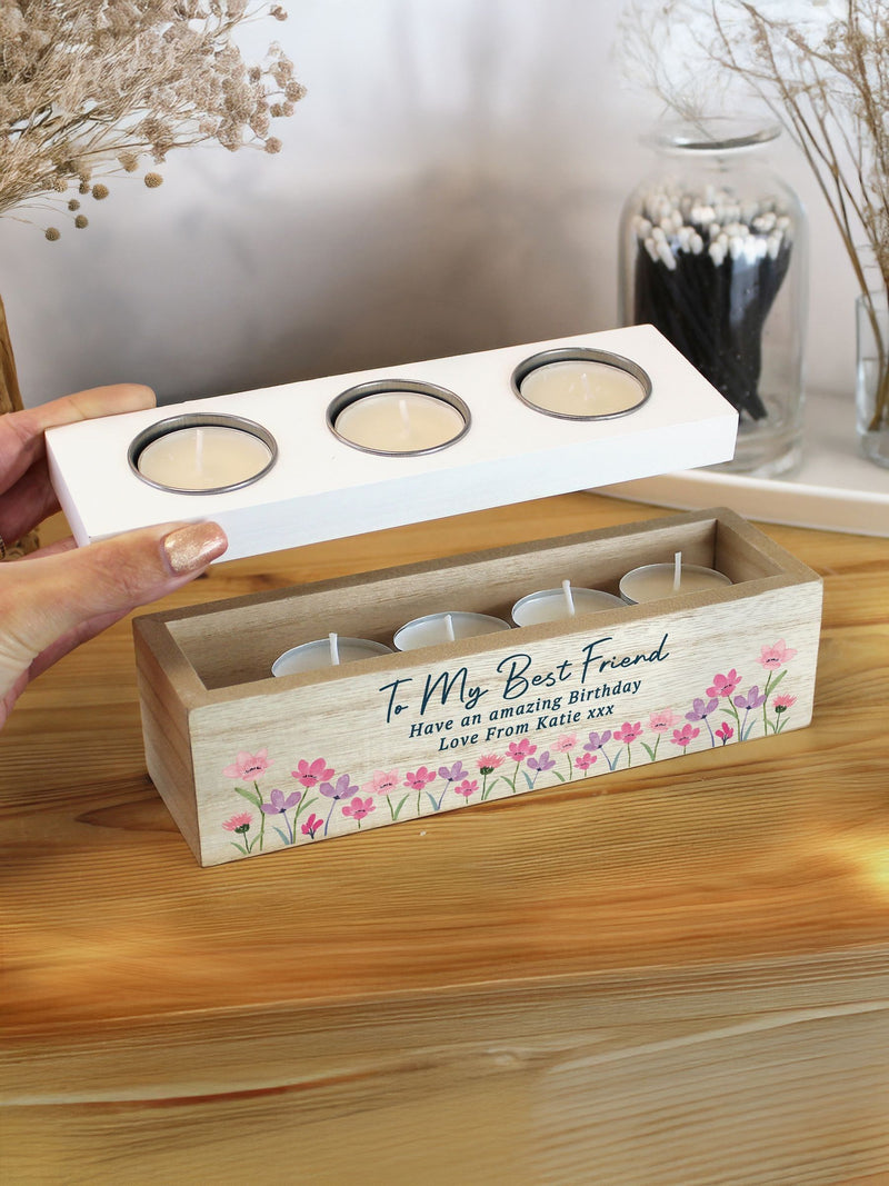 PMC personalised floral wooden tea light box, UK version