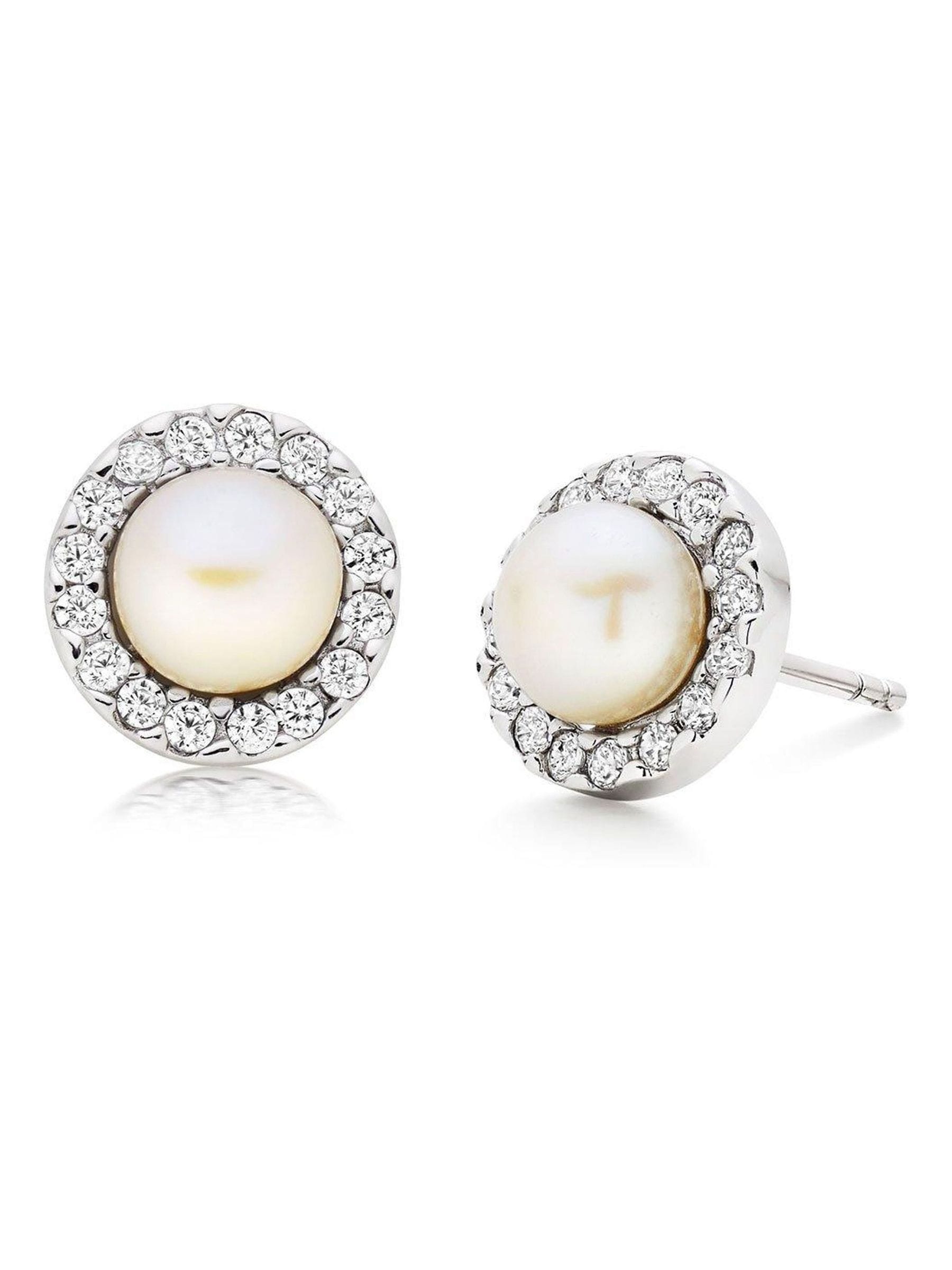 Beaverbrooks silver cubic zirconia pearl earrings 8mm (British brand)