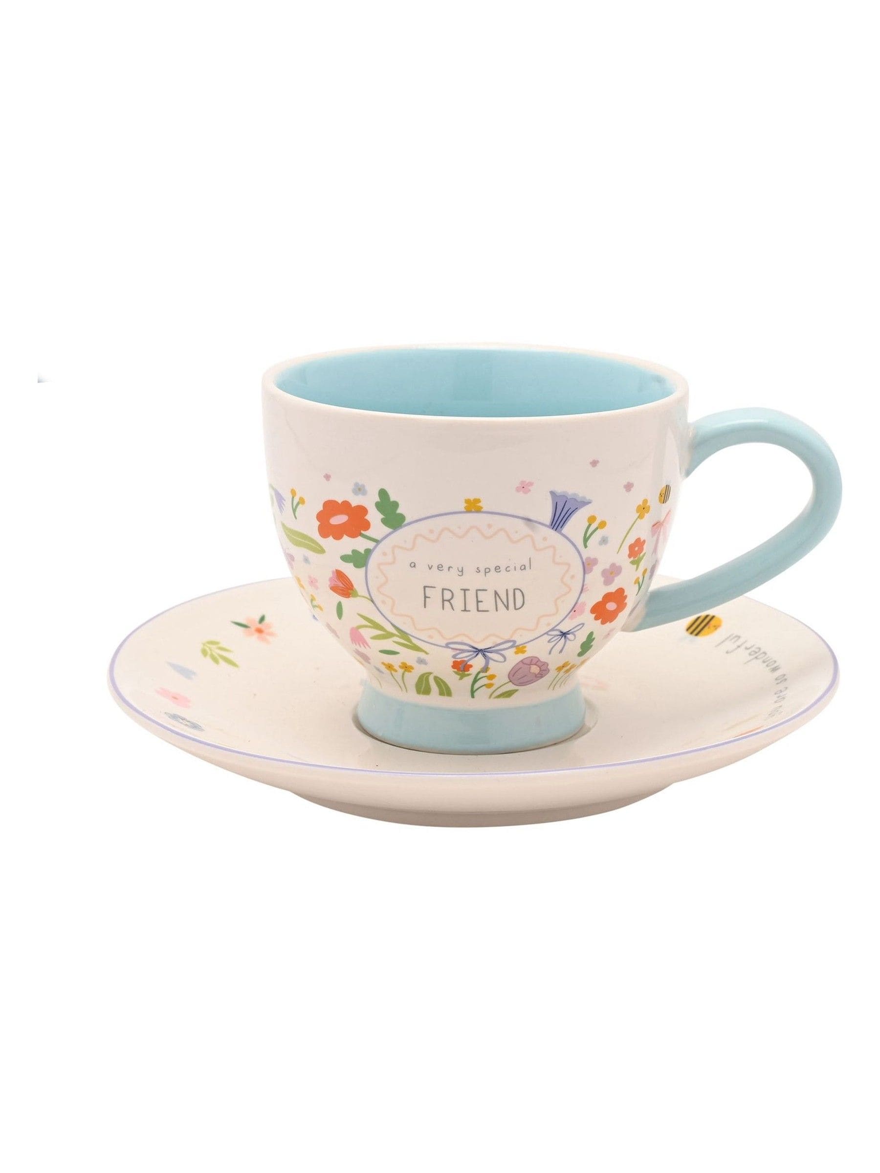Widdop Cream Cup & Saucer floral set with friend message, UK version