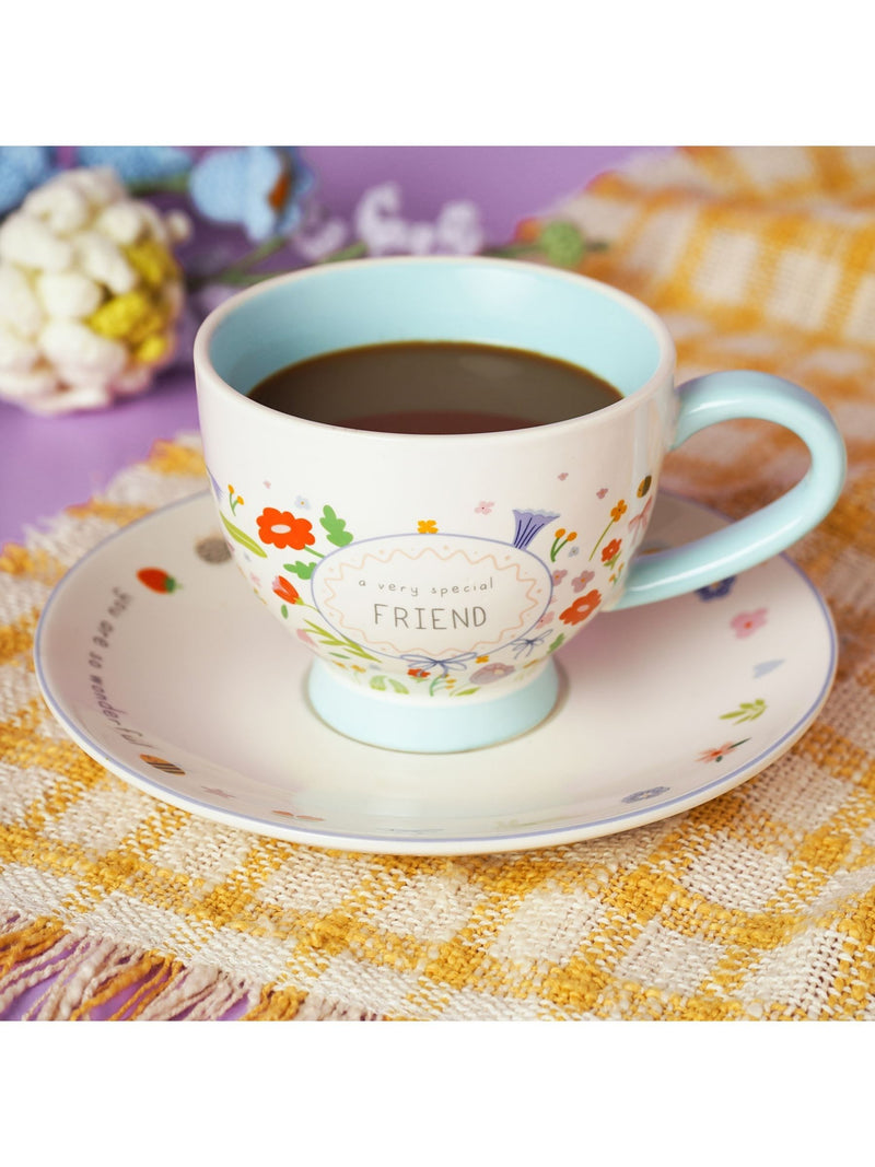 Widdop Cream Cup & Saucer floral set with friend message, UK version