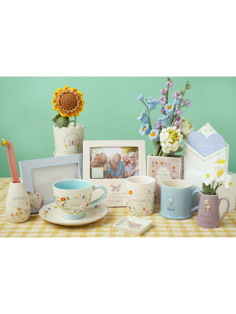 Widdop Cream Cup & Saucer floral set with friend message, UK version